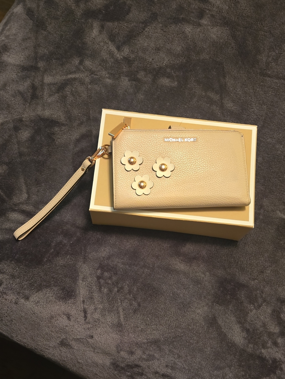 Michael Kors Pebbled Leather Floral Wristlet in Light Pink with RoseGold Accents